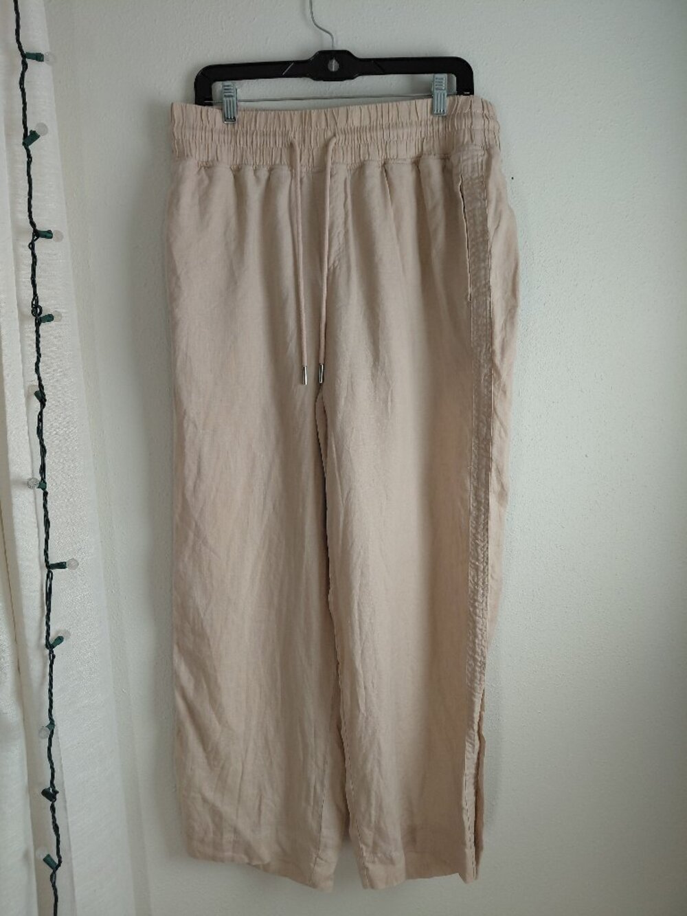 Quince Beige Tan Linen Wide Leg Pants Large Drawstring